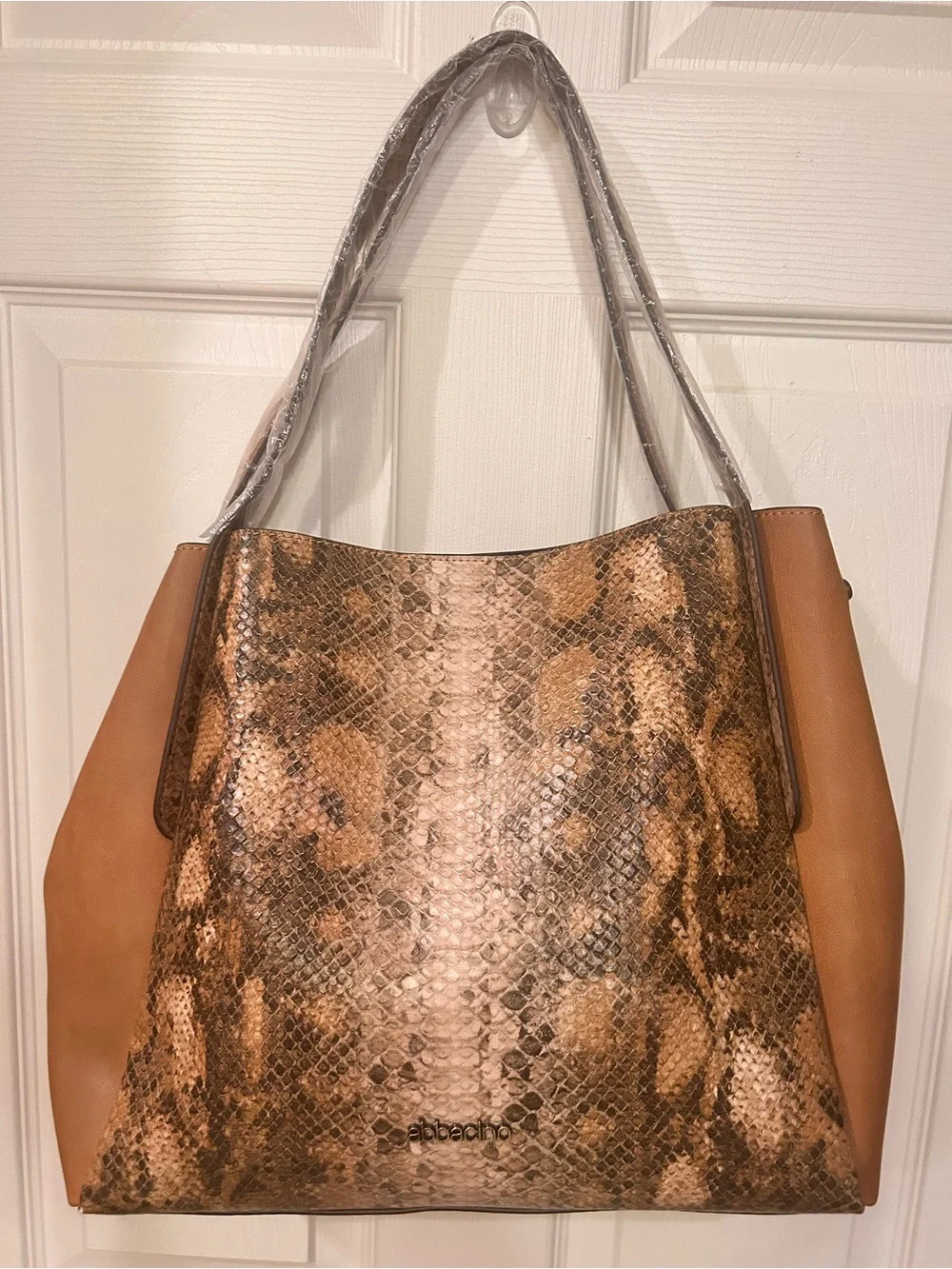 Snake-Print Shoulder Bag & Pouch in Brown by Abbacino